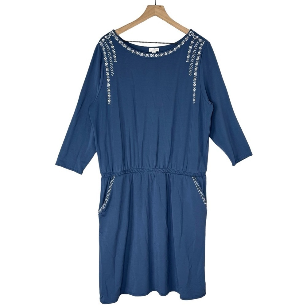 Garnet Hill Dress XL Casual Pull On 3/4 Sleeve Cottagecore Boho Embroidered Soft